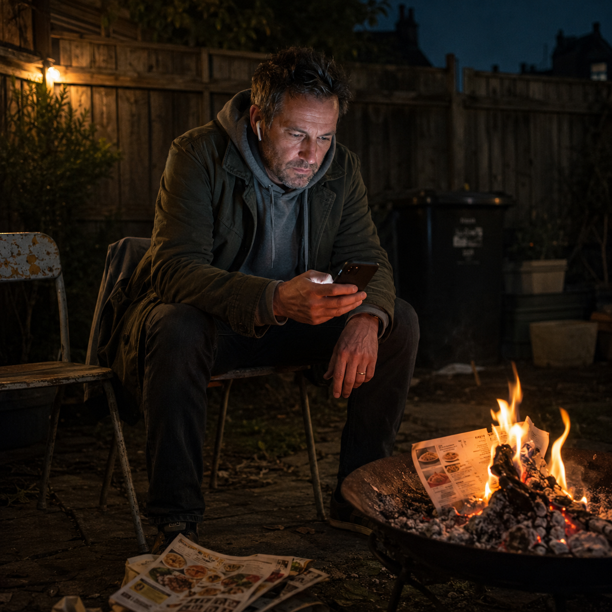 A person looking at a phone beside a fire at night